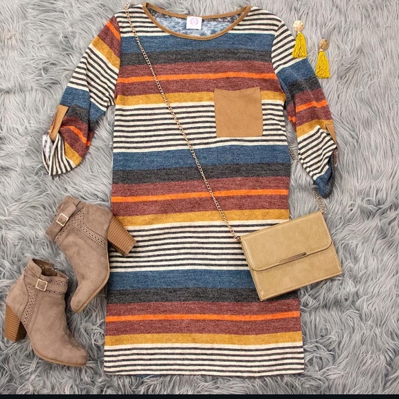 Navy blue, red, orange, beige striped fall colored dress - Picture 10 of 10